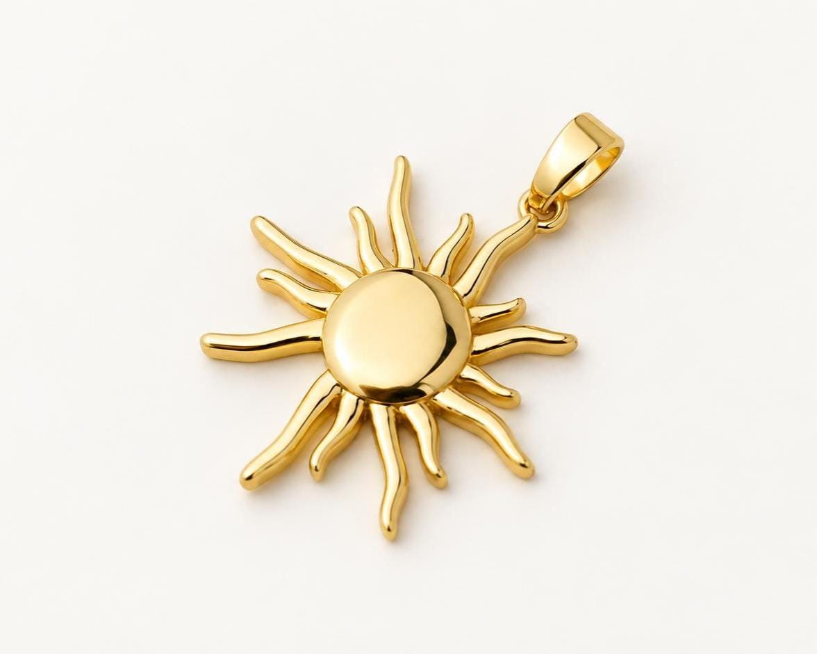Gold Sun Pendant, Gold Plated Brass Sunburst Pendant, Celestial Sun Charm for Necklace & Jewelry Making