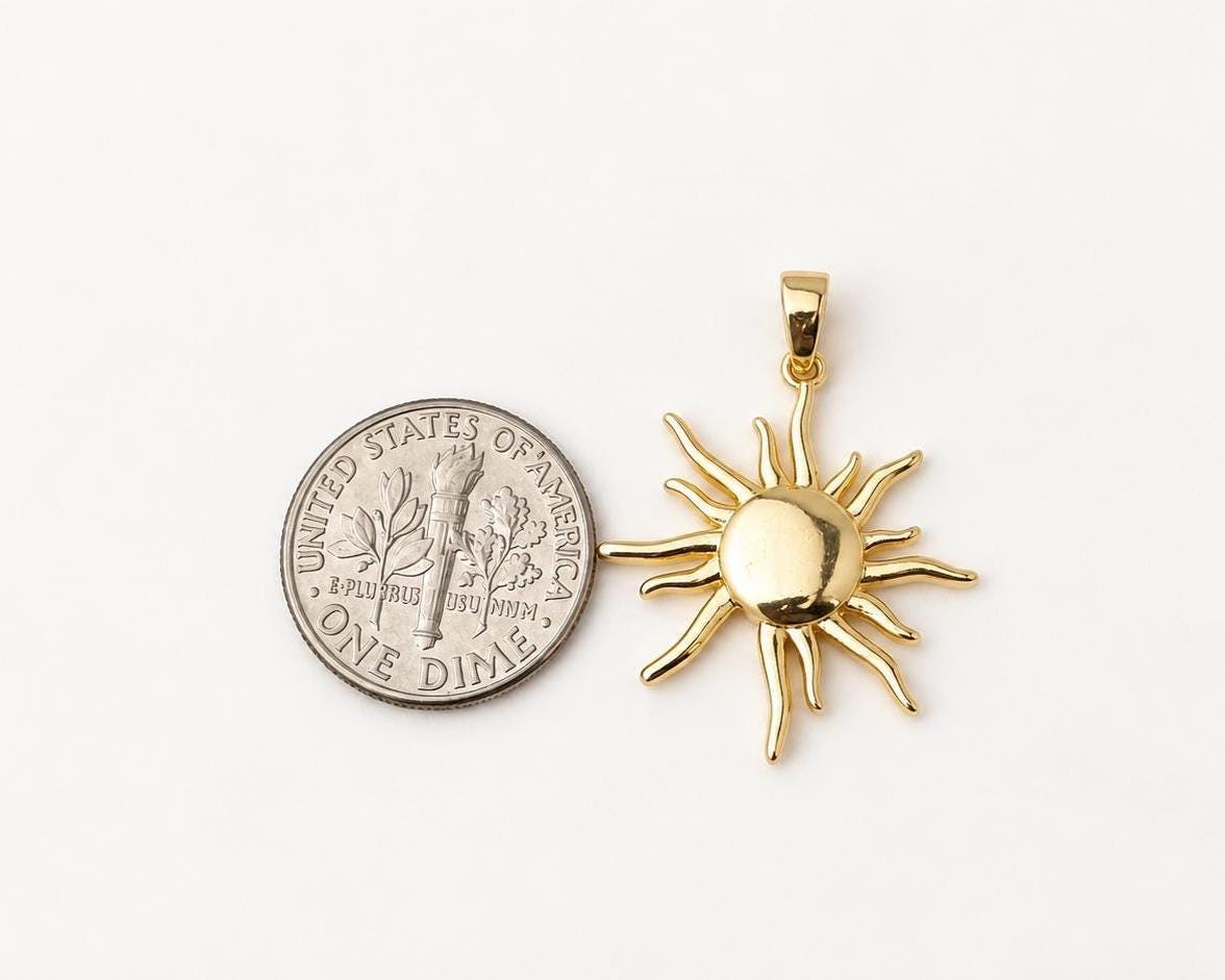Gold Sun Pendant, Gold Plated Brass Sunburst Pendant, Celestial Sun Charm for Necklace & Jewelry Making
