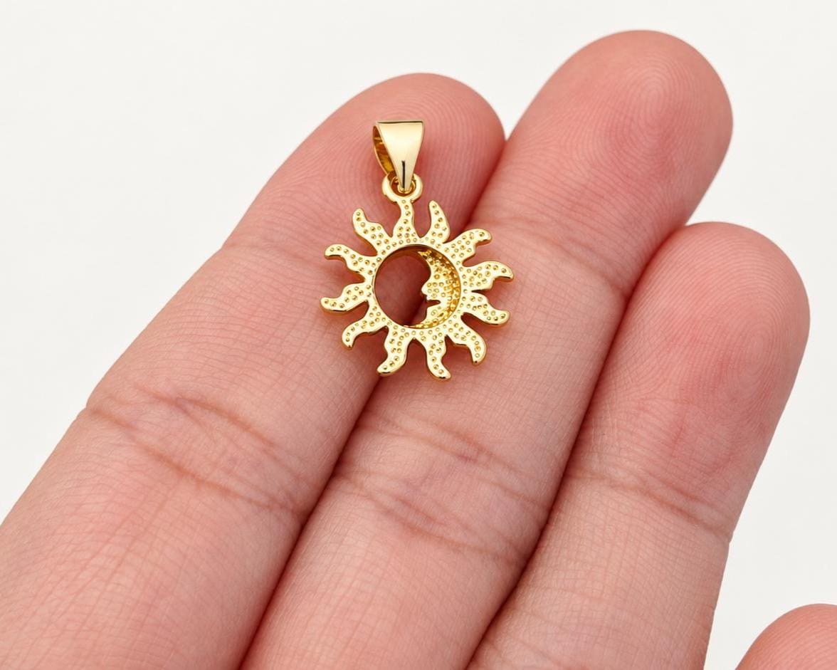 Sun and Moon Pendant, Gold Plated Brass Crescent Moon Sun Charm, Celestial Pendant for Necklace & Jewelry Making