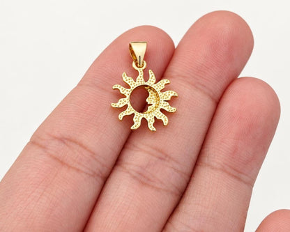 Sun and Moon Pendant, Gold Plated Brass Crescent Moon Sun Charm, Celestial Pendant for Necklace & Jewelry Making