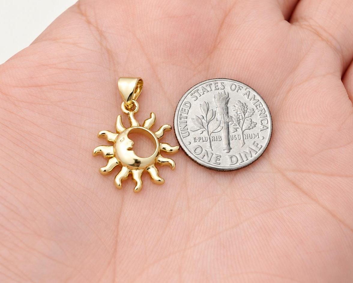 Sun and Moon Pendant, Gold Plated Brass Crescent Moon Sun Charm, Celestial Pendant for Necklace & Jewelry Making