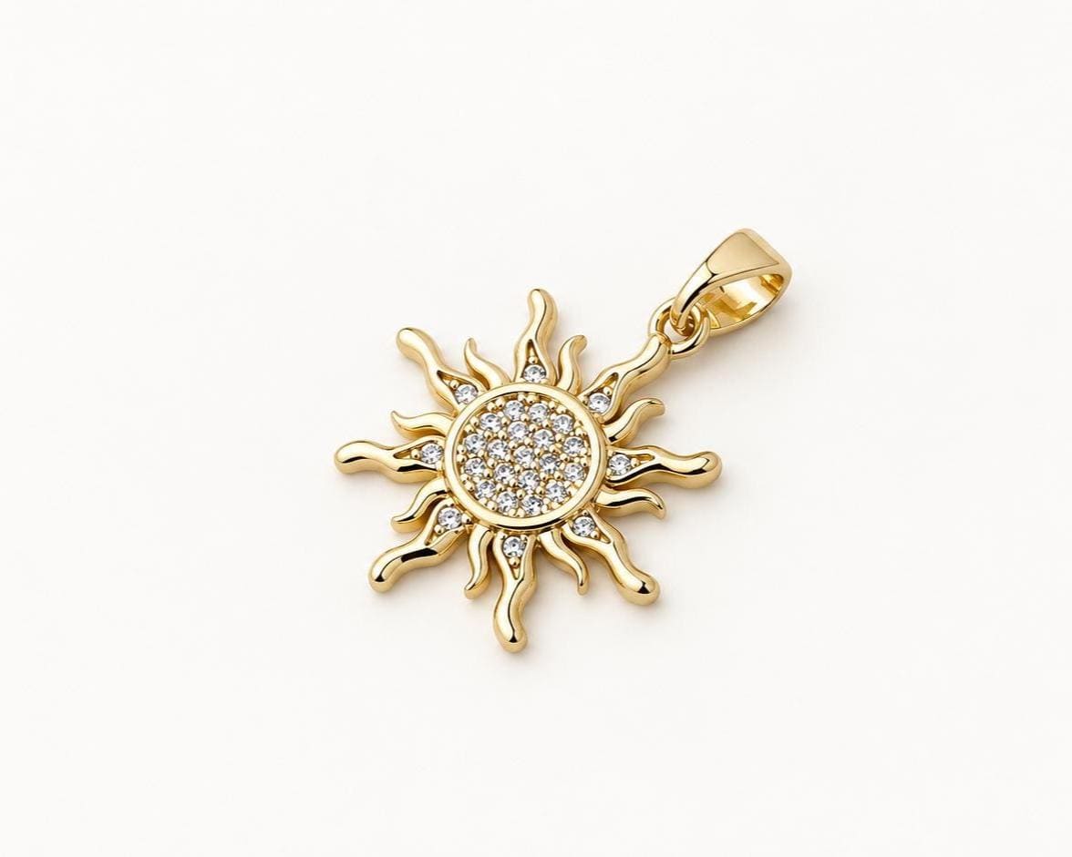 Gold Sunburst Pendant, Pave CZ Sun Pendant, Celestial Sun Charm for Necklace Jewelry Making