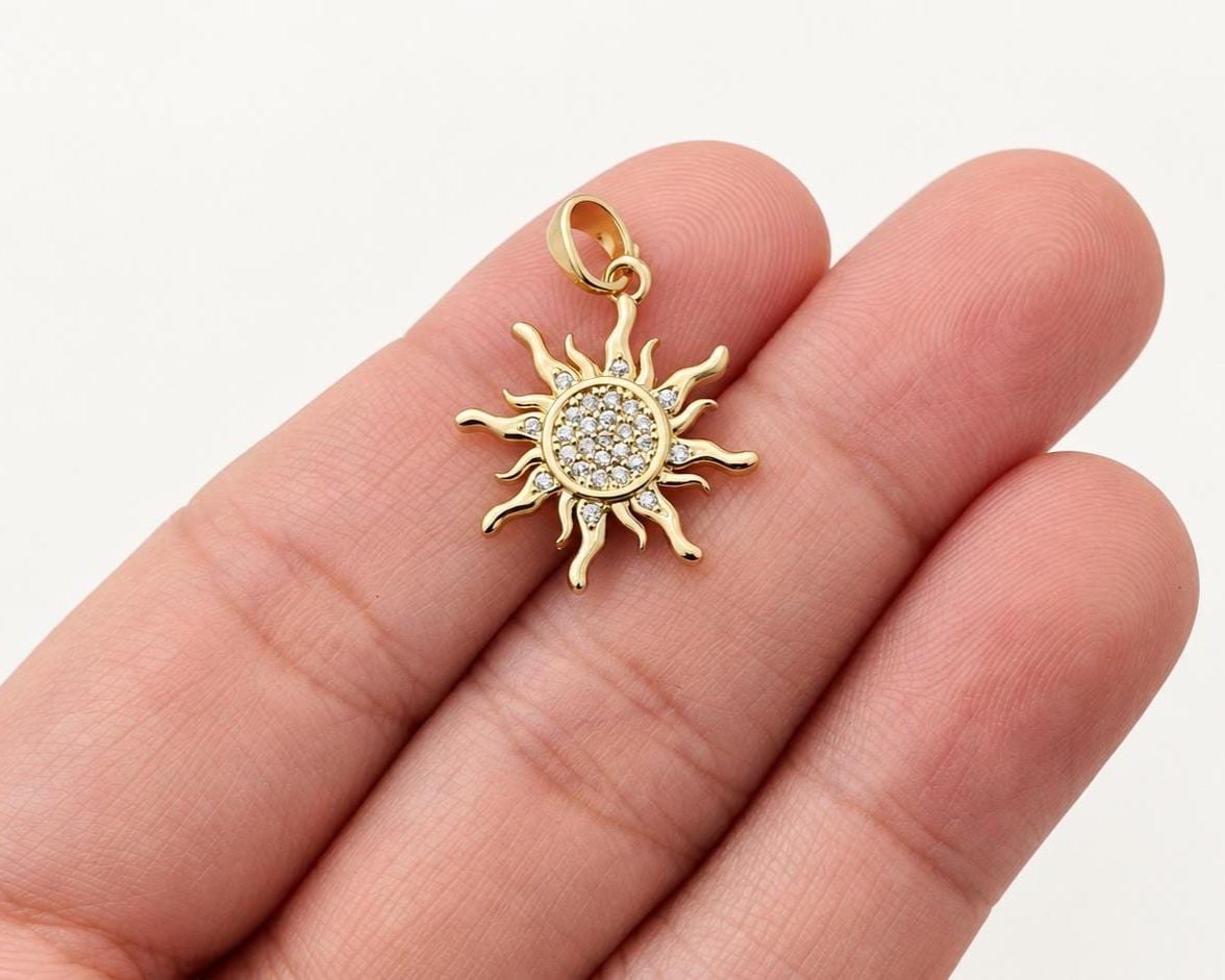 Gold Sunburst Pendant, Pave CZ Sun Pendant, Celestial Sun Charm for Necklace Jewelry Making
