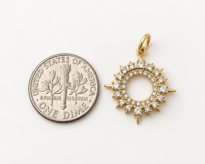 19mm CZ Sunburst Pendant, Brass Open Sun Pendant, Clear CZ Celestial Charm for Necklace & Jewelry Making
