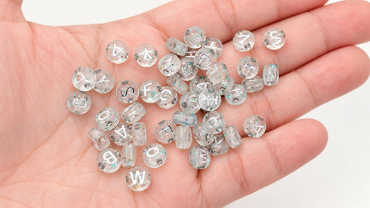 7mm Silver with Glitter Acrylic Letter Beads #754