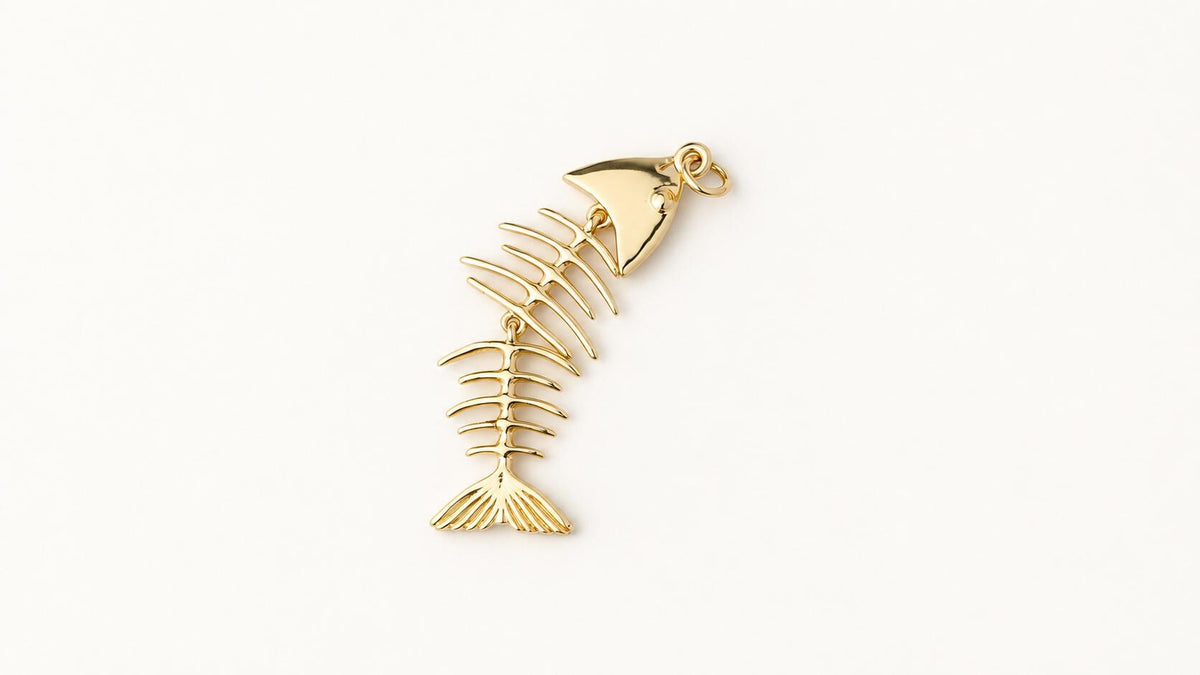 Movable Fish Skeleton Pendant, Gold Plated Brass Articulated Fish Charm, Fish Bone Pendant for Necklace & Jewelry Making