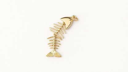 Movable Fish Skeleton Pendant, Gold Plated Brass Articulated Fish Charm, Fish Bone Pendant for Necklace & Jewelry Making