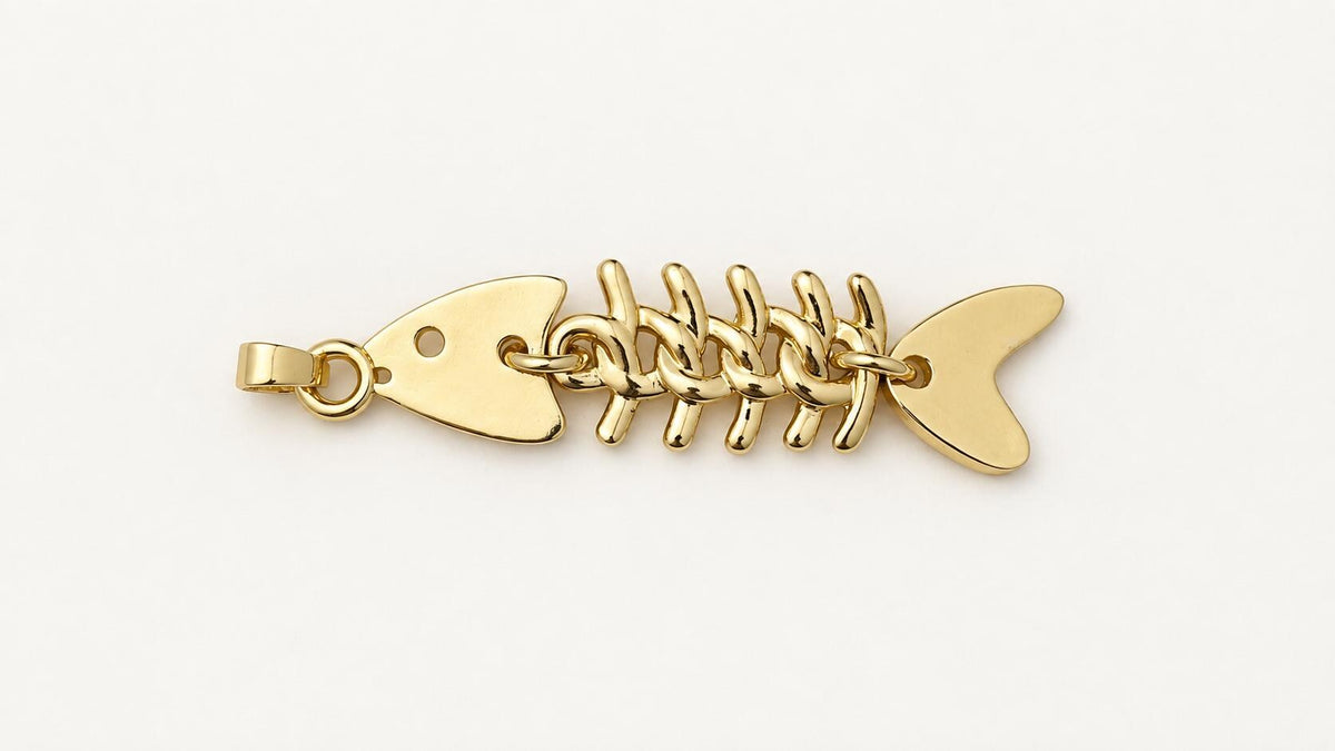 Movable Fish Skeleton Pendant, Gold Plated Brass Articulated Fish Charm, Fish Bone Pendant for Necklace & Jewelry Making