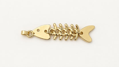 Movable Fish Skeleton Pendant, Gold Plated Brass Articulated Fish Charm, Fish Bone Pendant for Necklace & Jewelry Making