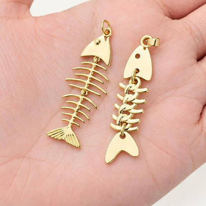 Movable Fish Skeleton Pendant, Gold Plated Brass Articulated Fish Charm, Fish Bone Pendant for Necklace & Jewelry Making