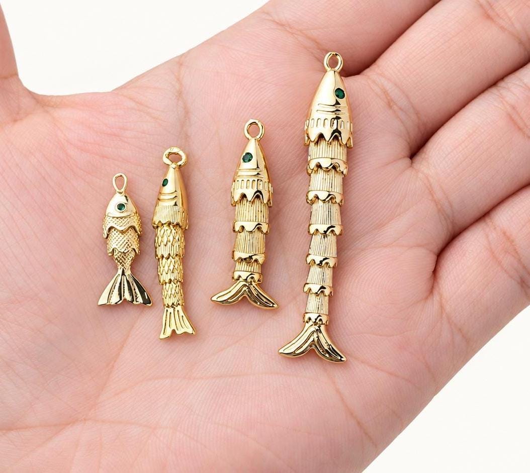 3D Movable Fish Pendant, Gold Plated Brass Articulated Fish Charm, Jointed Fish Pendant for Necklace & Jewelry Making
