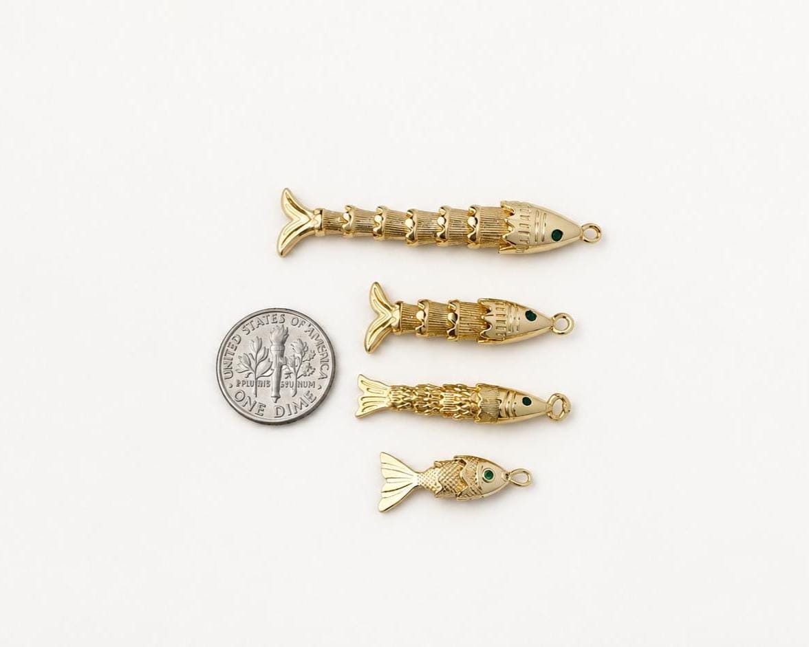 3D Movable Fish Pendant, Gold Plated Brass Articulated Fish Charm, Jointed Fish Pendant for Necklace & Jewelry Making