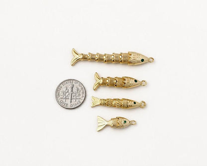 3D Movable Fish Pendant, Gold Plated Brass Articulated Fish Charm, Jointed Fish Pendant for Necklace & Jewelry Making