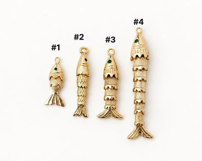 3D Movable Fish Pendant, Gold Plated Brass Articulated Fish Charm, Jointed Fish Pendant for Necklace & Jewelry Making