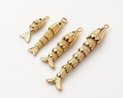 3D Movable Fish Pendant, Gold Plated Brass Articulated Fish Charm, Jointed Fish Pendant for Necklace & Jewelry Making