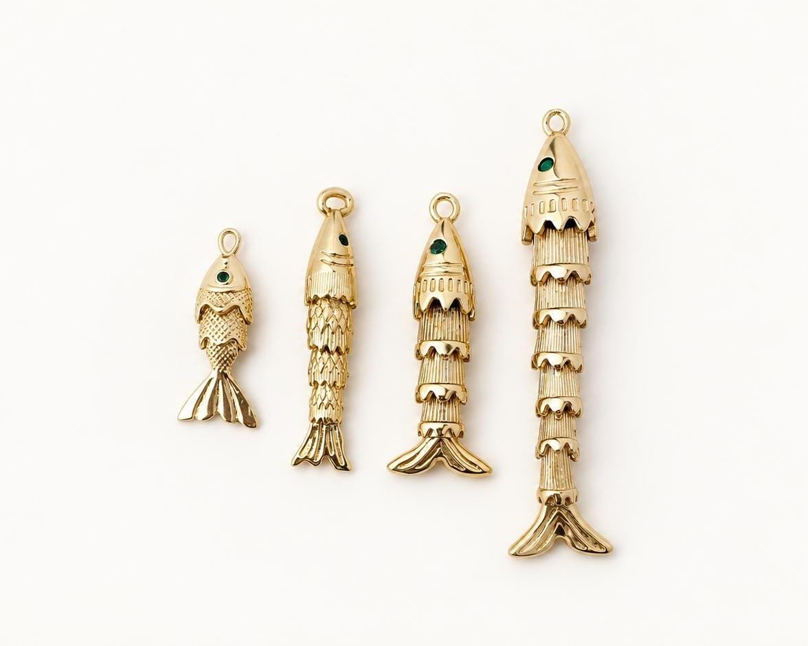 3D Movable Fish Pendant, Gold Plated Brass Articulated Fish Charm, Jointed Fish Pendant for Necklace & Jewelry Making