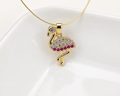 Gold Flamingo Pendant, Pink CZ Flamingo Charm, Gold Plated Brass Bird Pendant for Necklace & Tropical Jewelry Making
