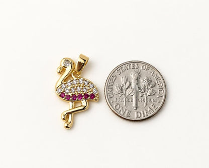 Gold Flamingo Pendant, Pink CZ Flamingo Charm, Gold Plated Brass Bird Pendant for Necklace & Tropical Jewelry Making