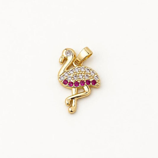 Gold Flamingo Pendant, Pink CZ Flamingo Charm, Gold Plated Brass Bird Pendant for Necklace & Tropical Jewelry Making