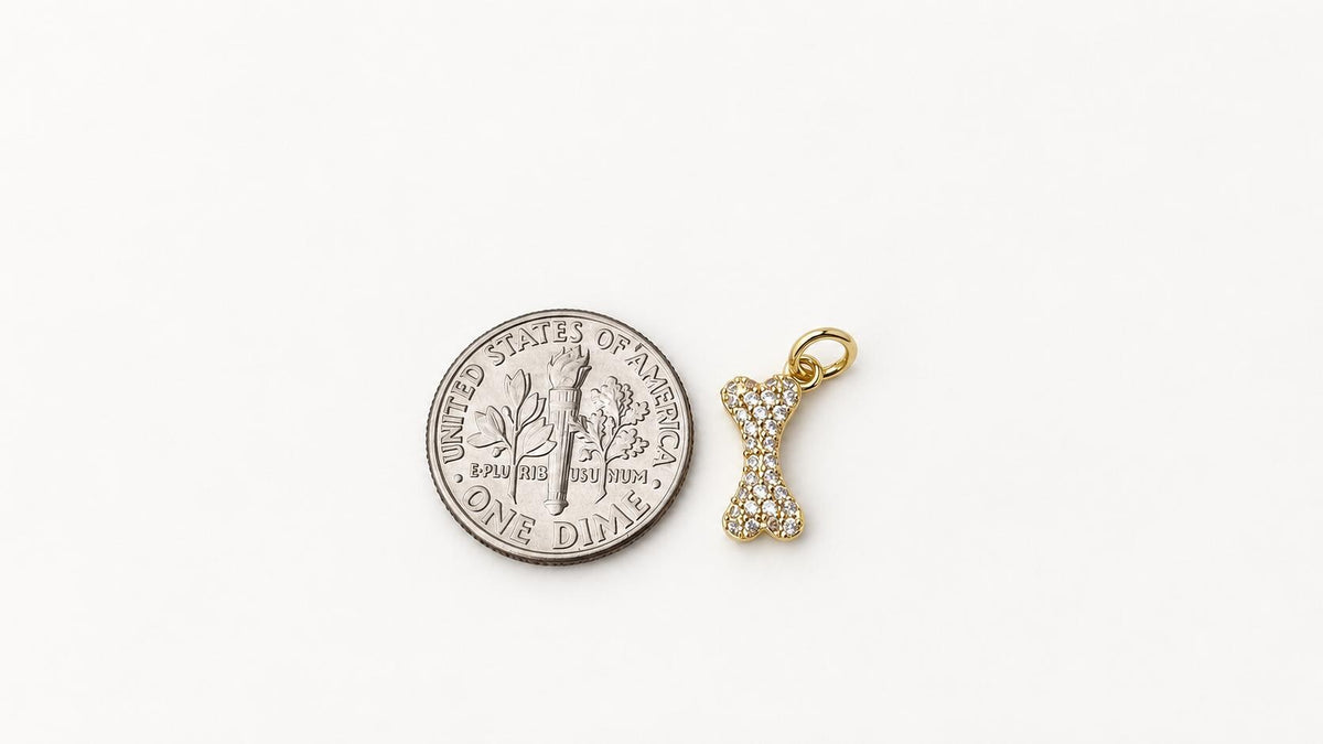 Gold Dog Bone Charm, Pave CZ Stones Pet Charm for Bracelets, Necklaces & Jewelry Making
