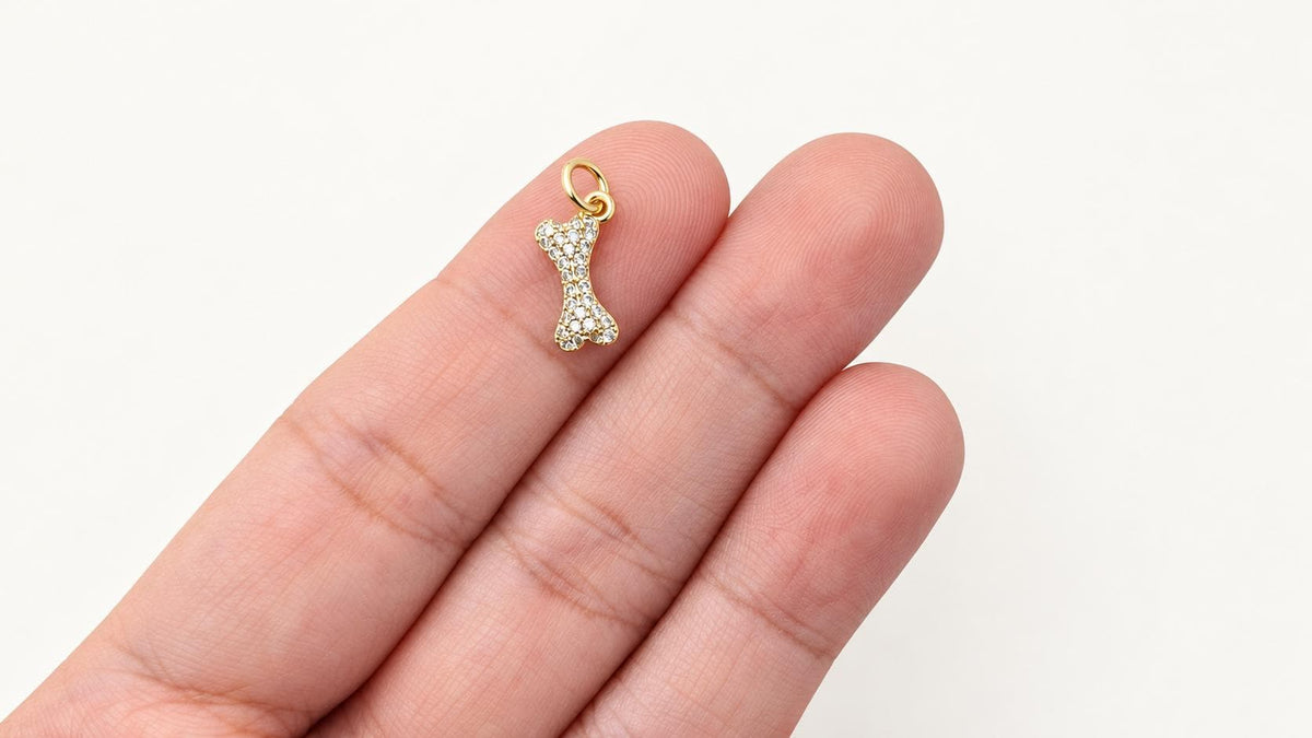 Gold Dog Bone Charm, Pave CZ Stones Pet Charm for Bracelets, Necklaces & Jewelry Making