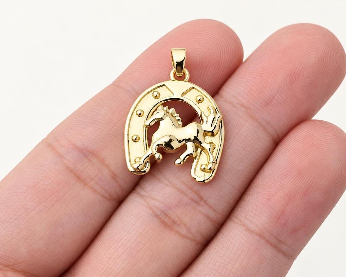 Gold Horse Horseshoe Pendant, Gold Plated Brass Horse Pendant, Lucky Equestrian Western Charm for Necklace Jewelry Making