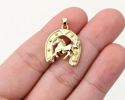 Gold Horse Horseshoe Pendant, Gold Plated Brass Horse Pendant, Lucky Equestrian Western Charm for Necklace Jewelry Making
