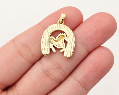 Gold Horse Horseshoe Pendant, Gold Plated Brass Horse Pendant, Lucky Equestrian Western Charm for Necklace Jewelry Making