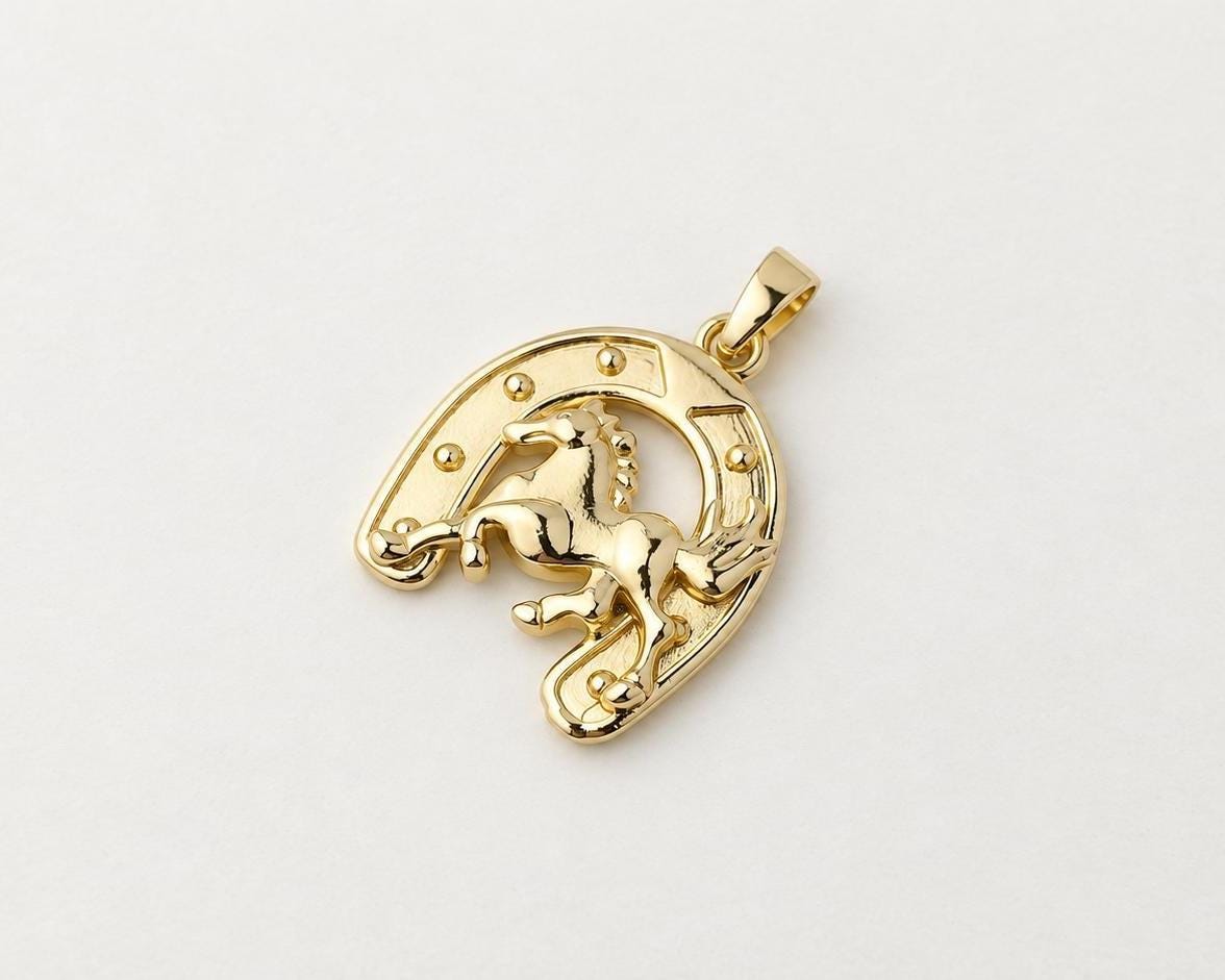 Gold Horse Horseshoe Pendant, Gold Plated Brass Horse Pendant, Lucky Equestrian Western Charm for Necklace Jewelry Making