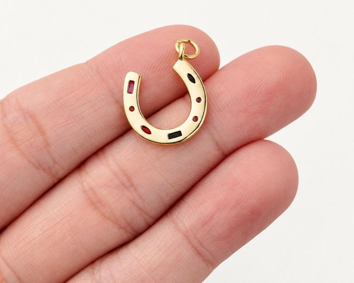 Multicolor CZ Horseshoe Pendant, Gold Plated Brass Lucky Horseshoe Charm, Rainbow Crystal Equestrian Jewelry Supply
