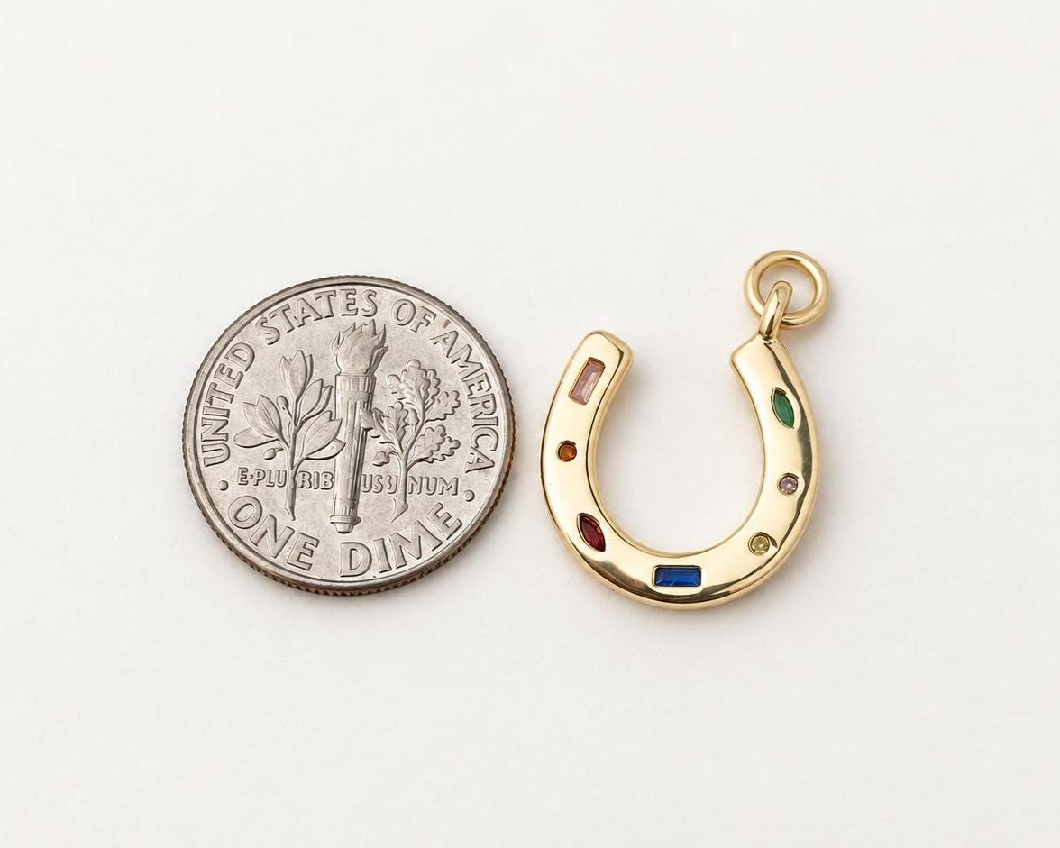 Multicolor CZ Horseshoe Pendant, Gold Plated Brass Lucky Horseshoe Charm, Rainbow Crystal Equestrian Jewelry Supply