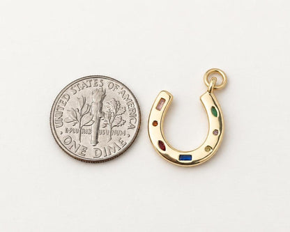 Multicolor CZ Horseshoe Pendant, Gold Plated Brass Lucky Horseshoe Charm, Rainbow Crystal Equestrian Jewelry Supply
