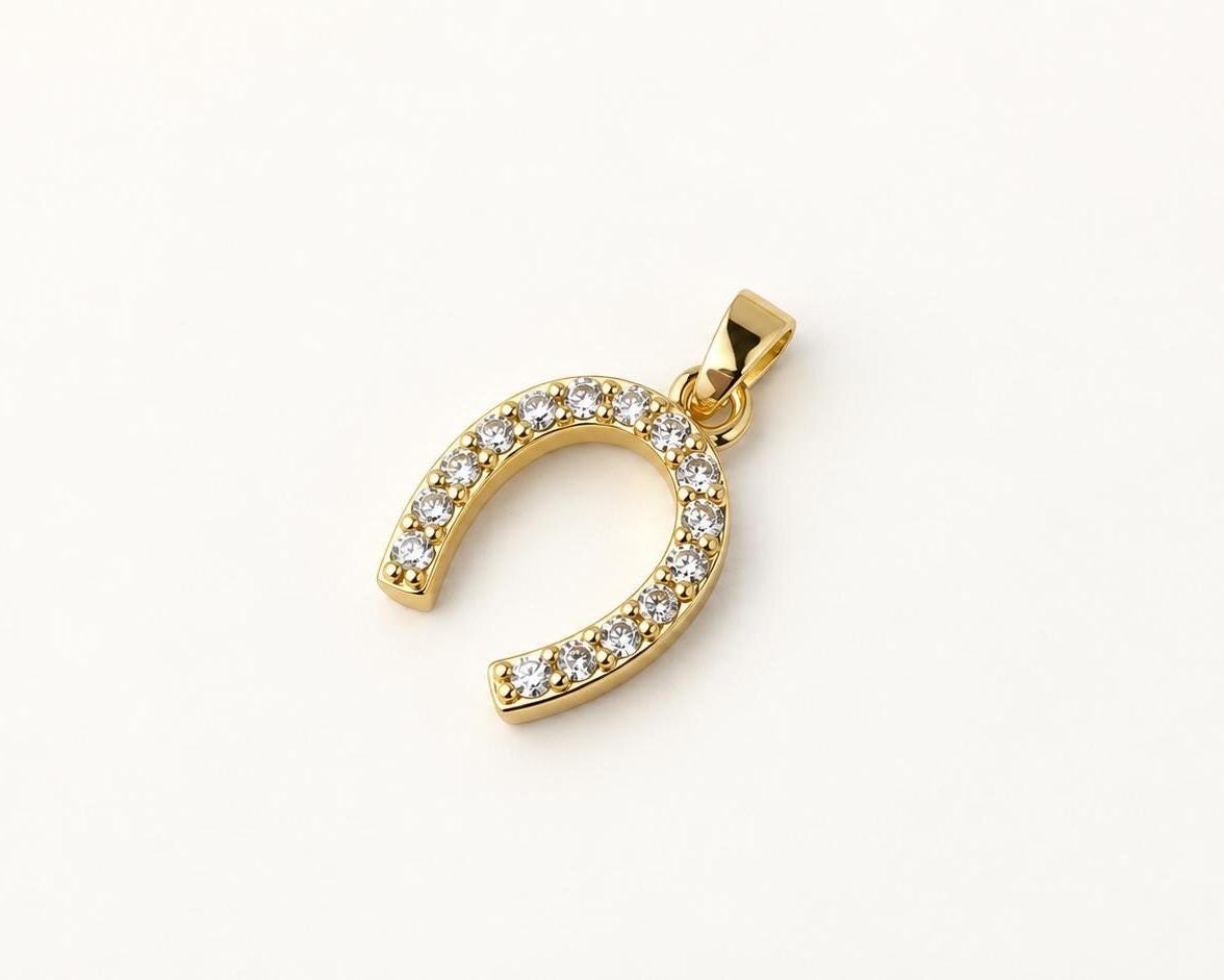 17mm CZ Horseshoe Pendant, Gold Plated Brass Lucky Horseshoe, Clear CZ Equestrian Pendant for Necklace Jewelry Making