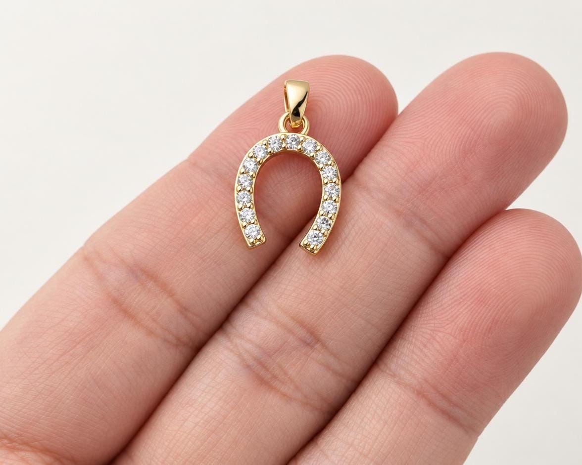17mm CZ Horseshoe Pendant, Gold Plated Brass Lucky Horseshoe, Clear CZ Equestrian Pendant for Necklace Jewelry Making