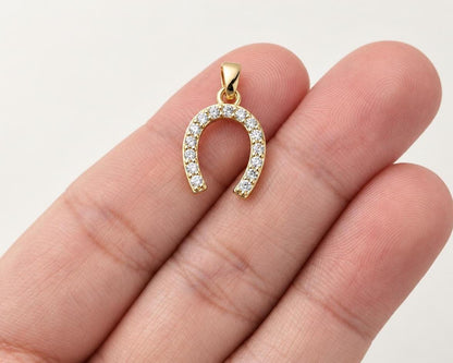 17mm CZ Horseshoe Pendant, Gold Plated Brass Lucky Horseshoe, Clear CZ Equestrian Pendant for Necklace Jewelry Making