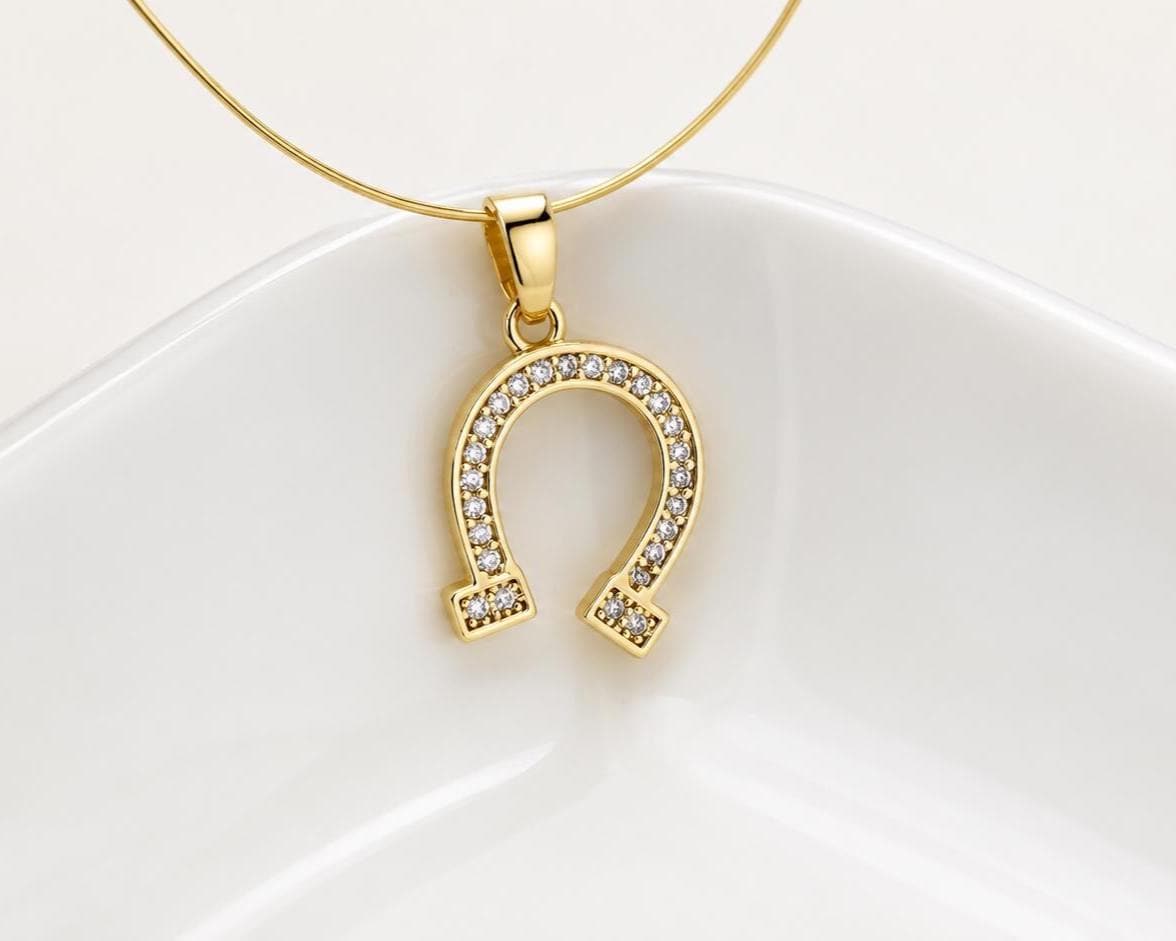 16mm CZ Horseshoe Pendant, Gold Plated Brass Lucky Horseshoe Charm, Clear Crystal Equestrian Pendant for Jewelry Making