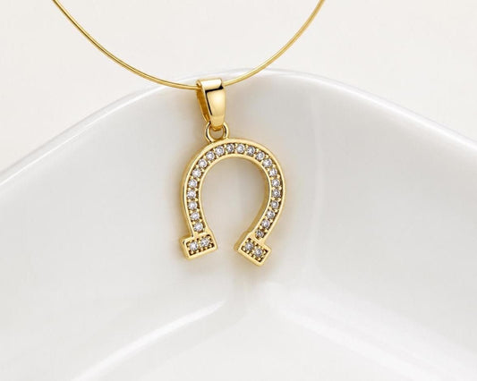 16mm CZ Horseshoe Pendant, Gold Plated Brass Lucky Horseshoe Charm, Clear Crystal Equestrian Pendant for Jewelry Making