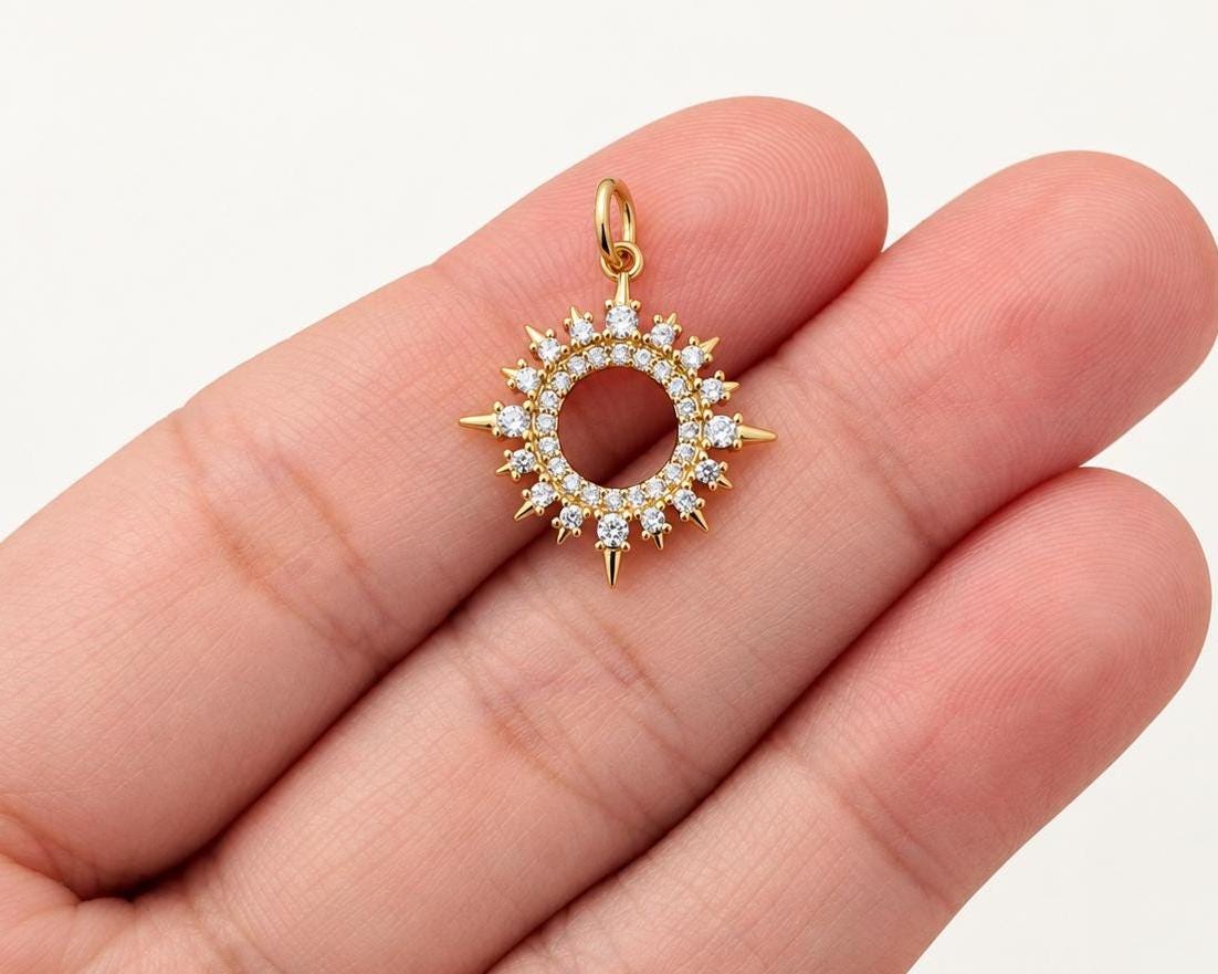 19mm CZ Sunburst Pendant, Brass Open Sun Pendant, Clear CZ Celestial Charm for Necklace & Jewelry Making