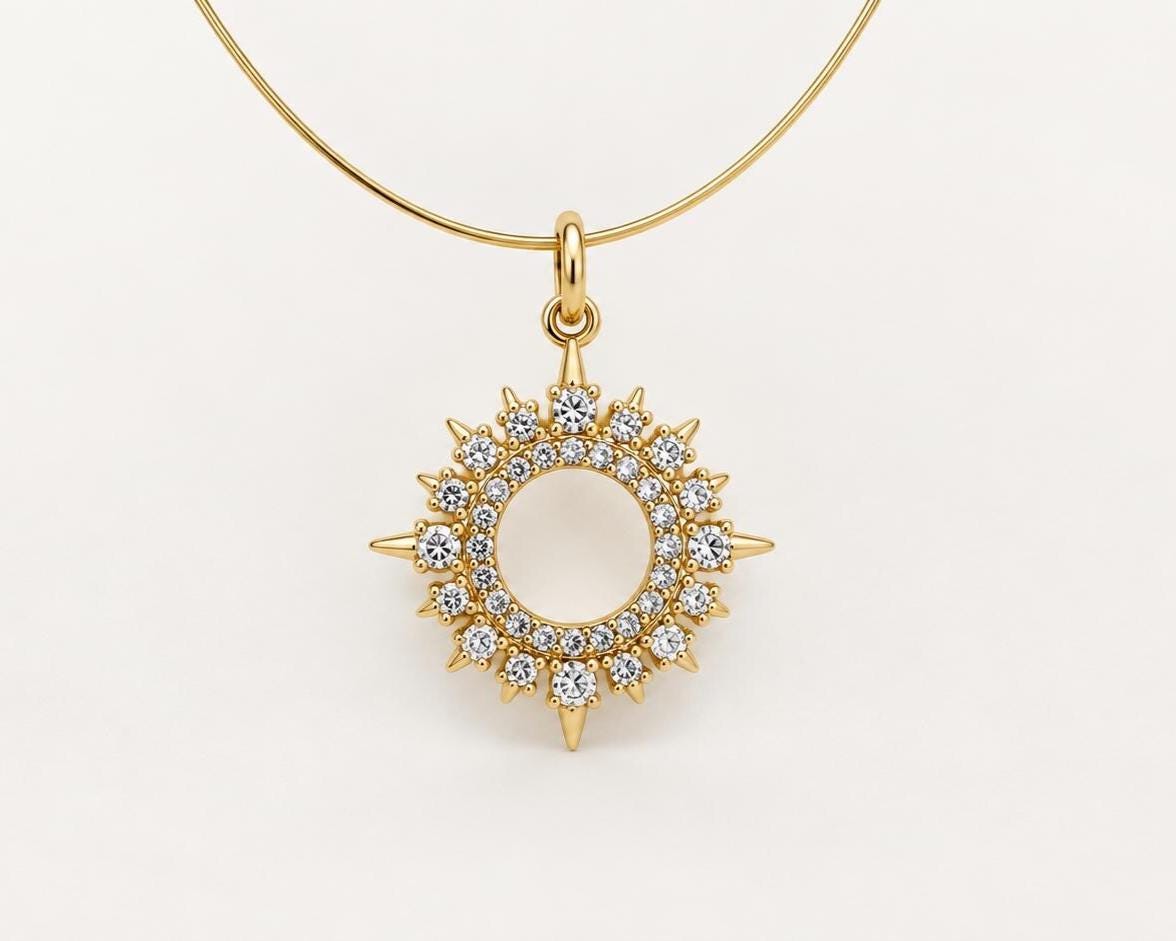 19mm CZ Sunburst Pendant, Brass Open Sun Pendant, Clear CZ Celestial Charm for Necklace & Jewelry Making