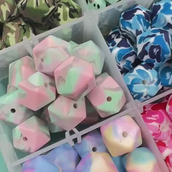 14mm Hexagon Silicone Beads, Camo, Terrazzo, Tie Dye Printed Beads for DIY Jewelry Making, Bracelets, Keychains