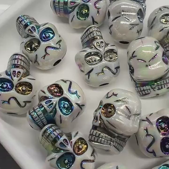 Iridescent Skull Beads, Acrylic Halloween Beads with Rainbow Metallic Accents, Spooky Jewelry Findings, Skeleton Craft Supplies #3876