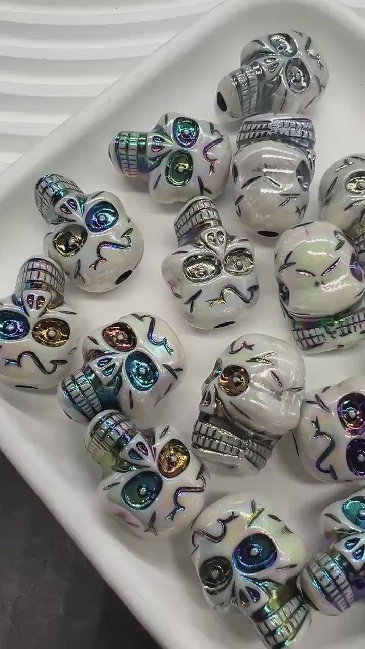 Iridescent Skull Beads, Acrylic Halloween Beads with Rainbow Metallic Accents, Spooky Jewelry Findings, Skeleton Craft Supplies #3876