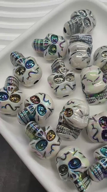 Iridescent Skull Beads, Acrylic Halloween Beads with Rainbow Metallic Accents, Spooky Jewelry Findings, Skeleton Craft Supplies #3876