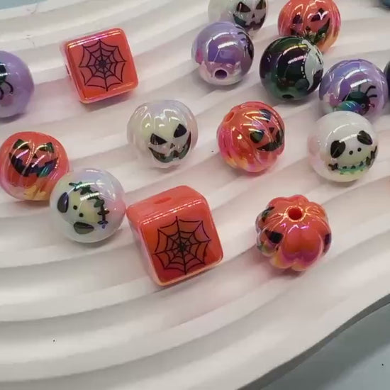 Halloween Iridescent Beads, 15mm Pumpkin Ghost Spiderweb Prints,  Round and Cube Beads for DIY Jewelry, Crafts Halloween Decorations