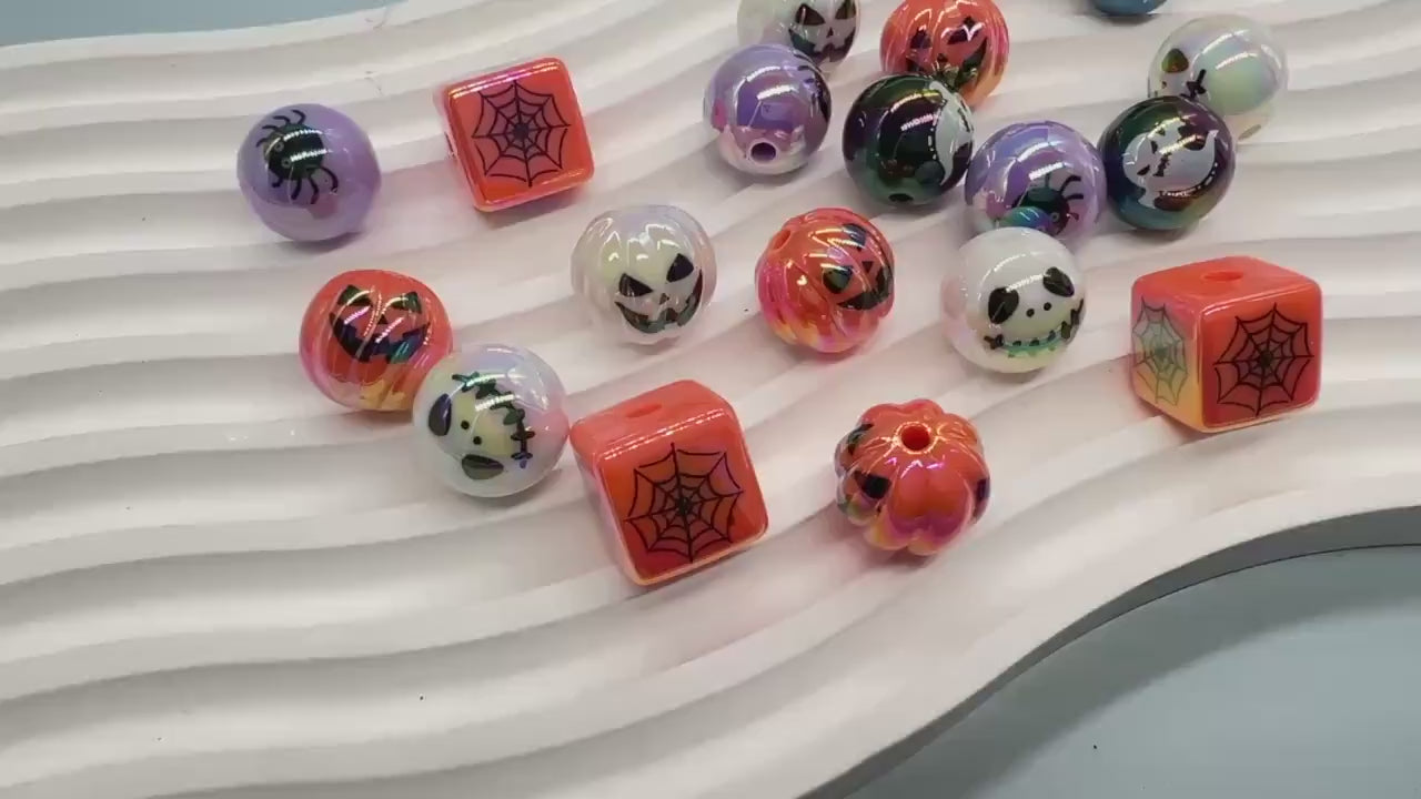 Halloween Iridescent Beads, 15mm Pumpkin Ghost Spiderweb Prints,  Round and Cube Beads for DIY Jewelry, Crafts Halloween Decorations