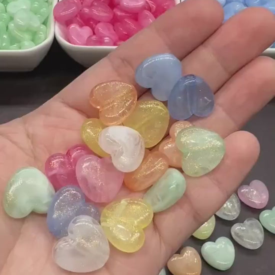 Colorful plastic heart beads with glitter finish – craft bead supplies
