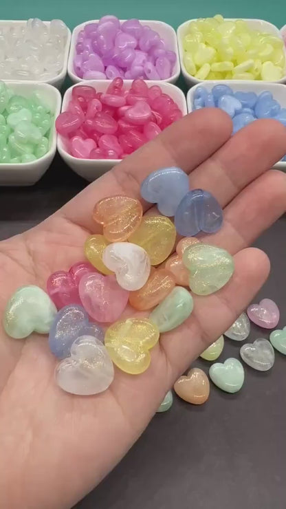 Colorful plastic heart beads with glitter finish – craft bead supplies
