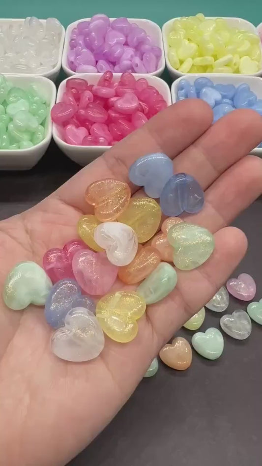 Colorful plastic heart beads with glitter finish – craft bead supplies
