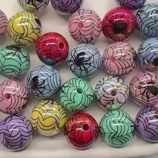 Halloween Iridescent Beads, 16mm Spiderweb Prints, Chunky Beads for DIY Jewelry, Spooky Crafts, Halloween Decorations