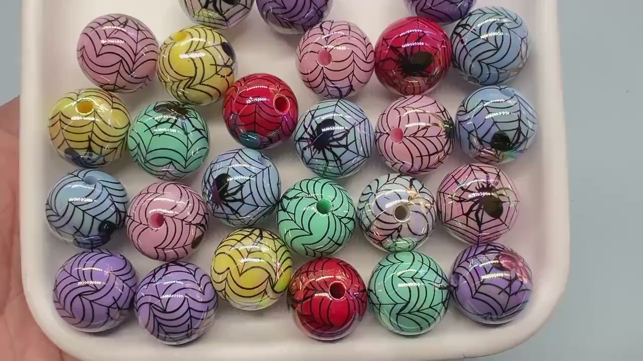 Halloween Iridescent Beads, 16mm Spiderweb Prints, Chunky Beads for DIY Jewelry, Spooky Crafts, Halloween Decorations